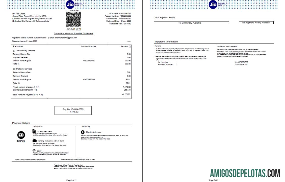 Para baixar modelo de conta de serviços públicos India Jio Digital Life em formatos Word e PDF, 2 páginas, versão 3